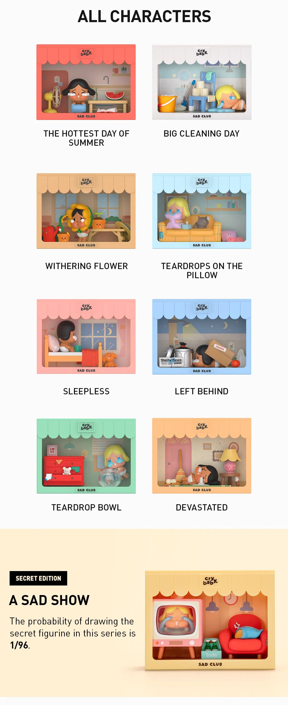 A digital poster showcases the eight standard figures and one "SECRET EDITION" figure from the "Crybaby Sad Club" series by Pop Mart. Each figure is displayed in a shadow box, depicting various sad scenarios, such as "THE HOTTEST DAY OF SUMMER," "BIG CLEANING DAY," and "TEARDROPS ON THE PILLOW." The secret figure, "A SAD SHOW," shows a character watching TV.