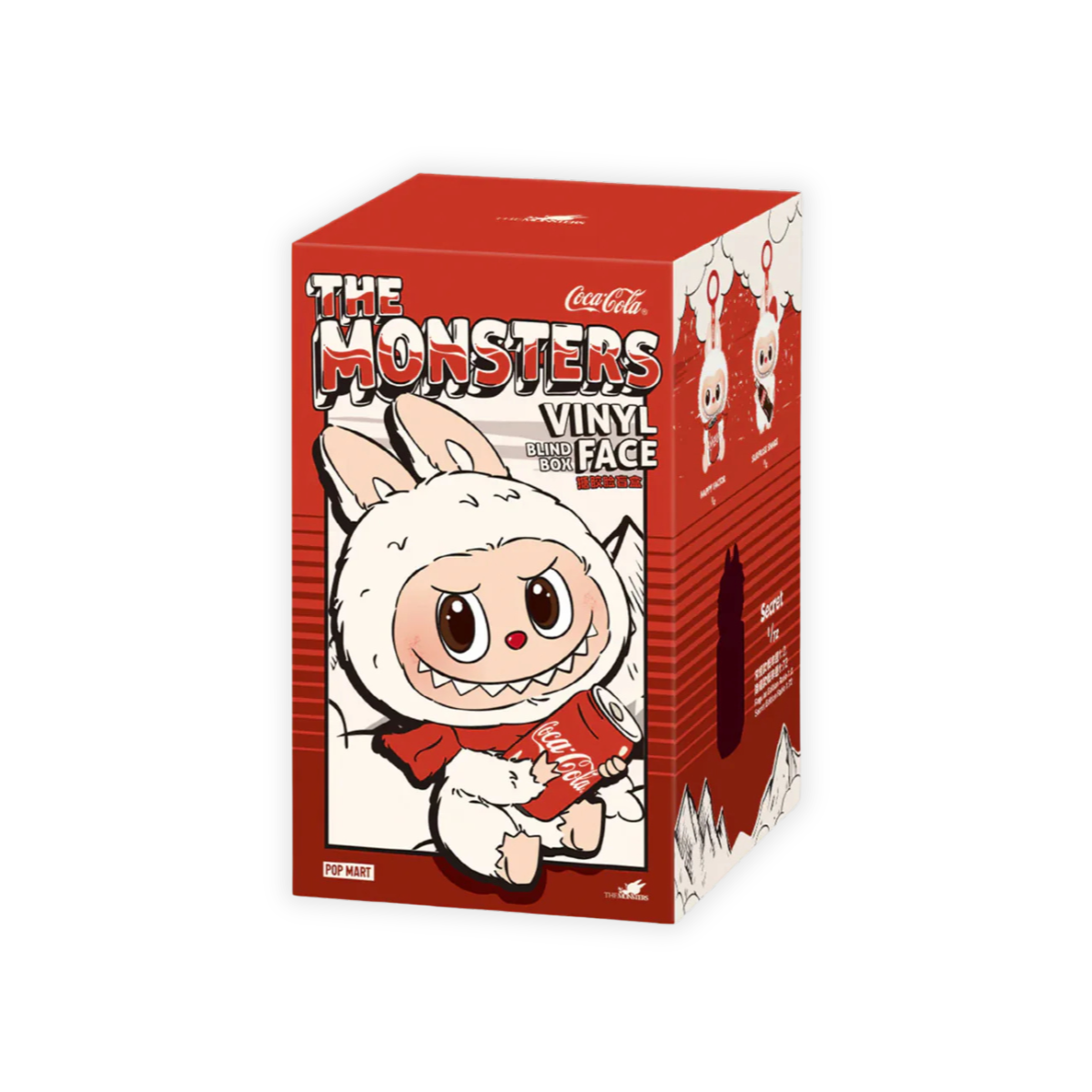 A product display of a Pop Mart blind box from "The Monsters" Vinyl Face series, created in collaboration with Coca-Cola. The box is predominantly red and features an illustration of a Labubu character in a fluffy white bunny suit, holding a Coca-Cola can and wearing a red scarf. The design has bold, comic-inspired graphics. The sides of the box showcase collectible options from the series. The box floats against a plain white background.