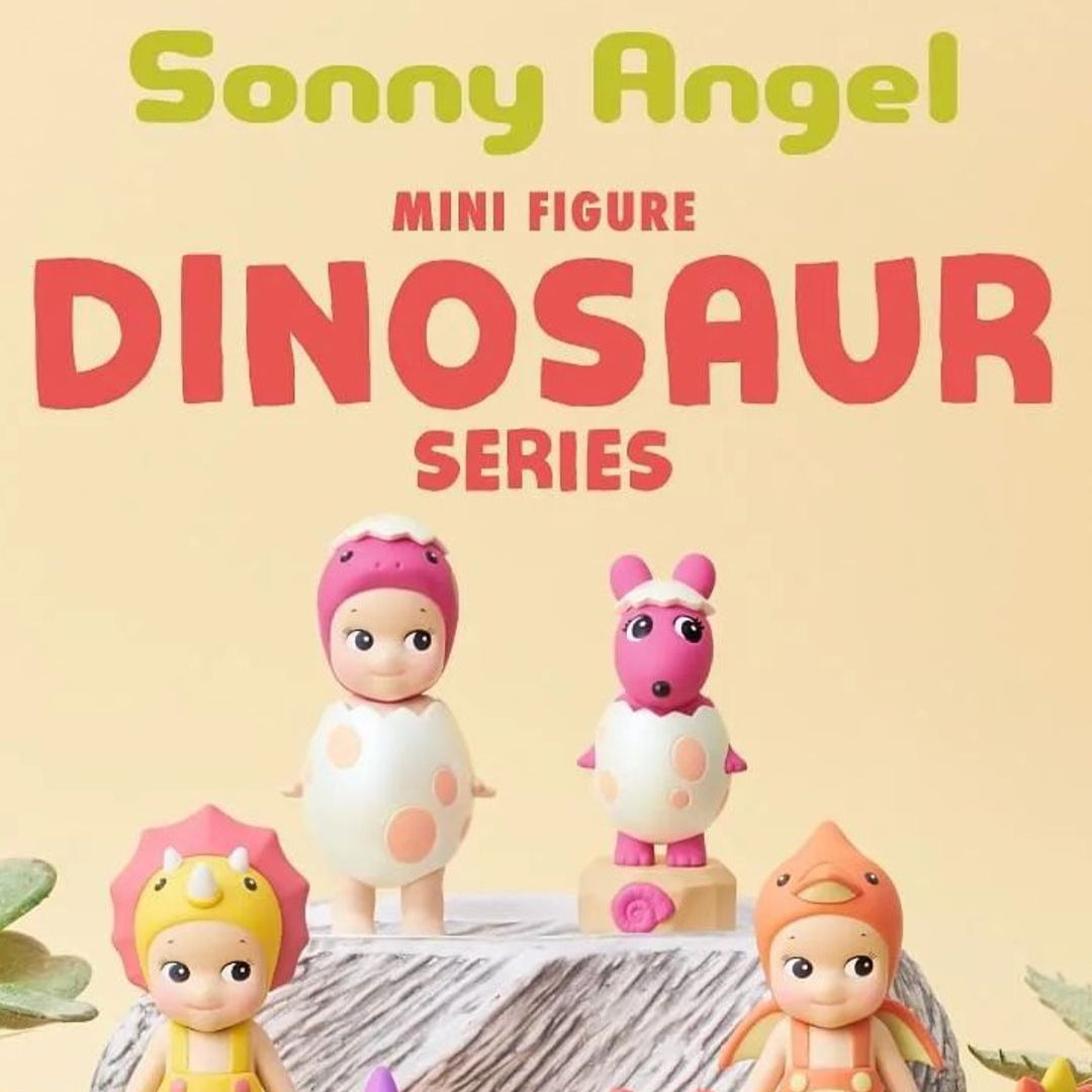 Sonny Angel mini figures in a dinosaur series on a light yellow background
