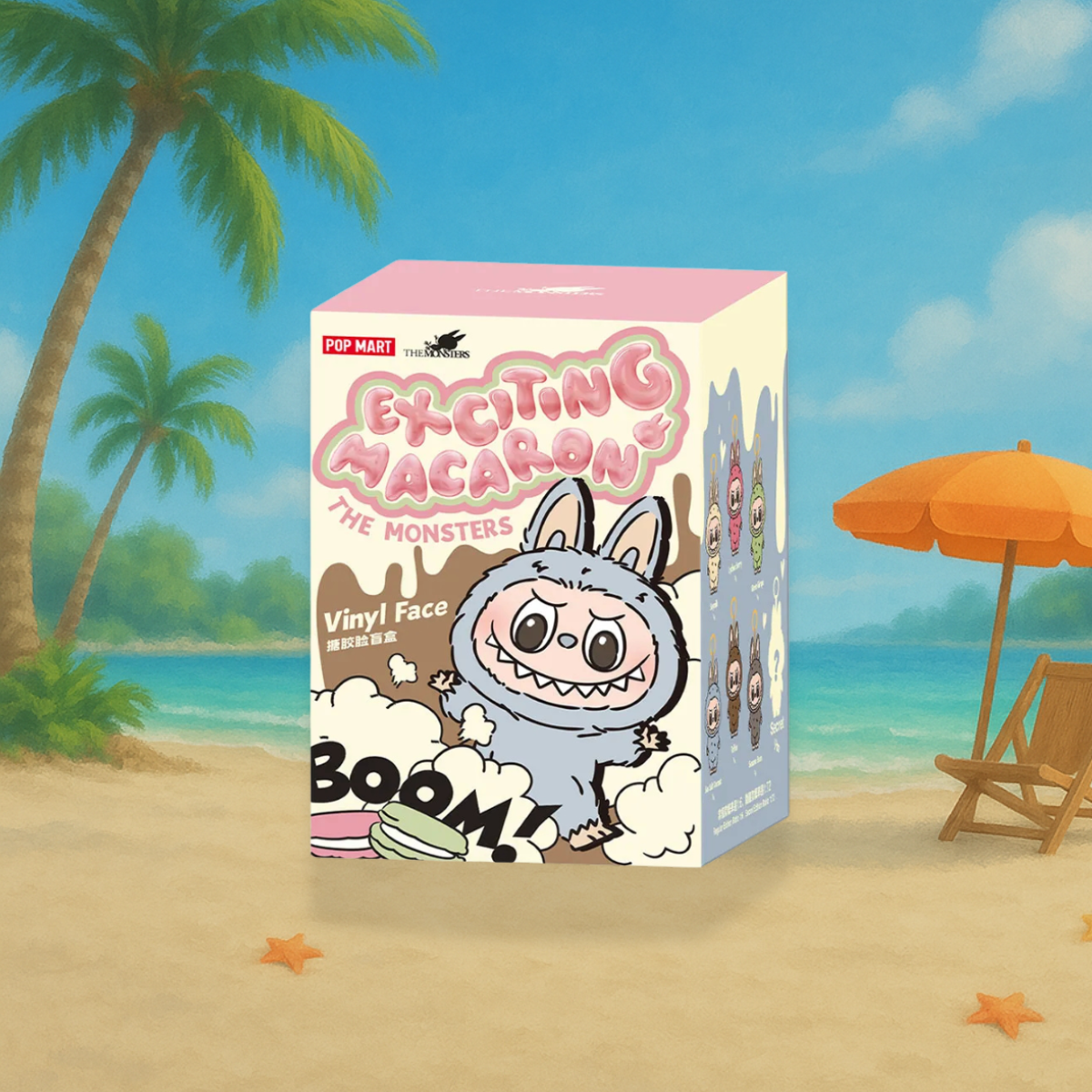 The image shows a Pop Mart The Monsters Exciting Macaron box. The box is predominantly pink and yellow, featuring a cartoonish monster character with bunny ears and a wide smile on the front. The words "Exciting Macaron" are prominently displayed above the monster.
The background shows a beach scene with a blue sky, a sandy beach, and a calm ocean. There are palm trees on the left side and an orange beach umbrella and a beach chair on the right.