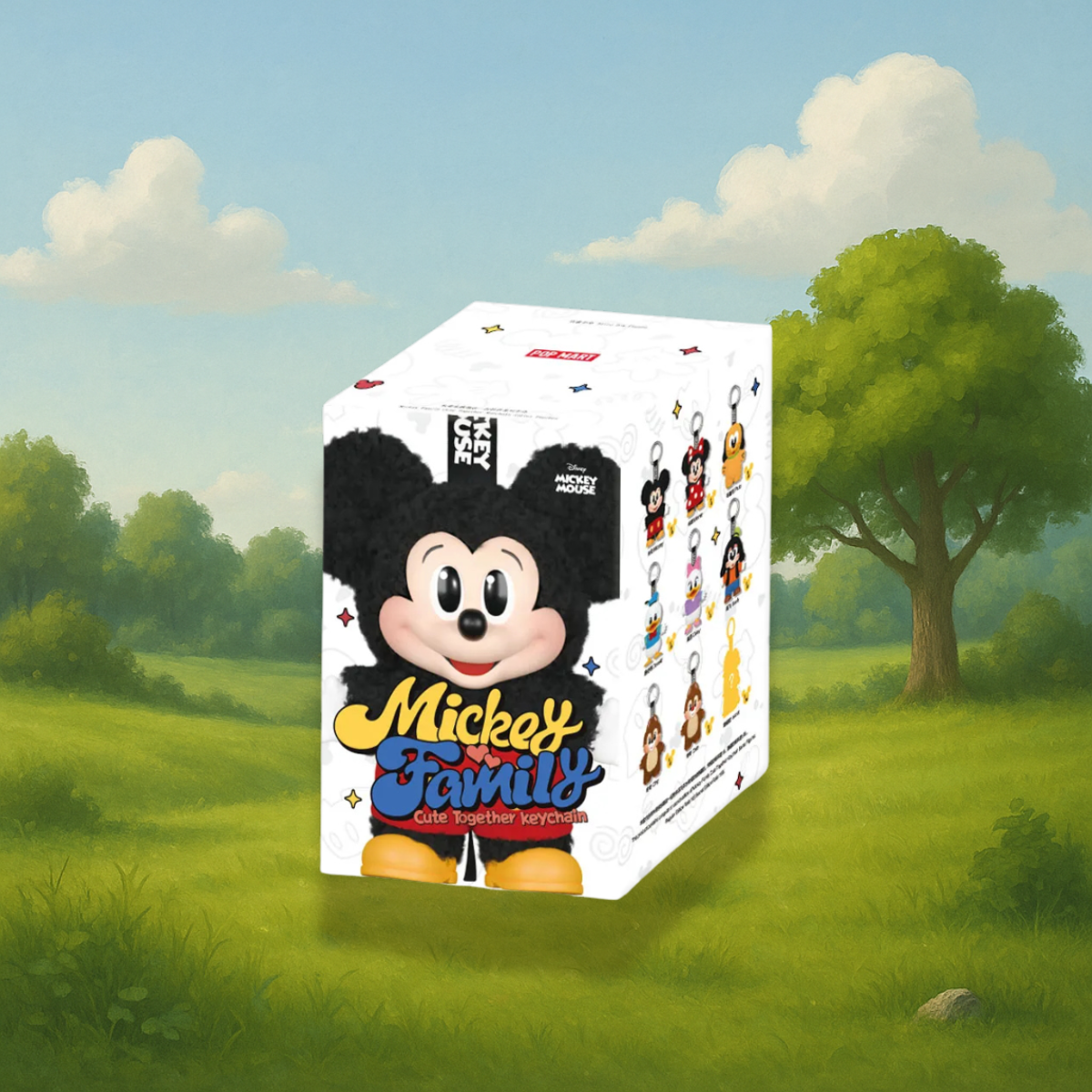 A cheerful product display of the Pop Mart “Mickey Family: Cute Together Keychain” blind box. The box features a large image of a plush Mickey Mouse on the front, with collectible character options—like Minnie, Donald, Daisy, Goofy, and Pluto—shown on the side. The background is a sunlit, storybook-style meadow with trees, soft clouds, and gentle rolling hills, creating a bright and playful atmosphere that complements the charm of the Disney-themed series.