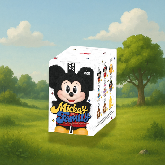 A cheerful product display of the Pop Mart “Mickey Family: Cute Together Keychain” blind box. The box features a large image of a plush Mickey Mouse on the front, with collectible character options—like Minnie, Donald, Daisy, Goofy, and Pluto—shown on the side. The background is a sunlit, storybook-style meadow with trees, soft clouds, and gentle rolling hills, creating a bright and playful atmosphere that complements the charm of the Disney-themed series.