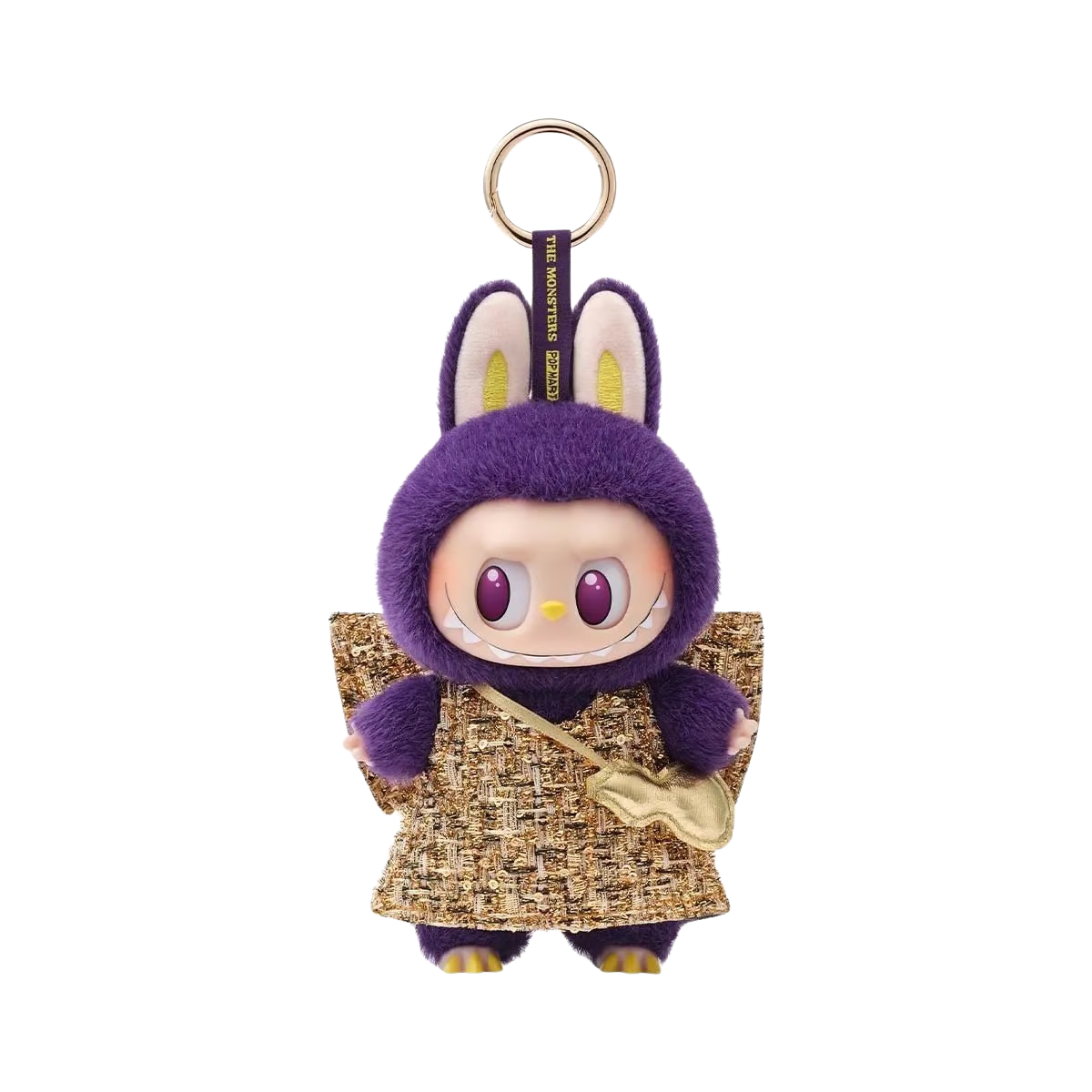 A stylish Pop Mart Labubu keychain from “The Monsters” series, set in a sleek purple display room. The figure wears a fluffy purple bunny suit, a gold-brown woven outfit, and a matching sling bag. It has bright purple eyes and a playful grin, with a plain white background.