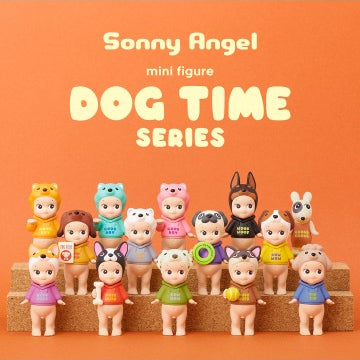 Collection of Sonny Angel mini figures from the 'Dog Time' series on an orange background