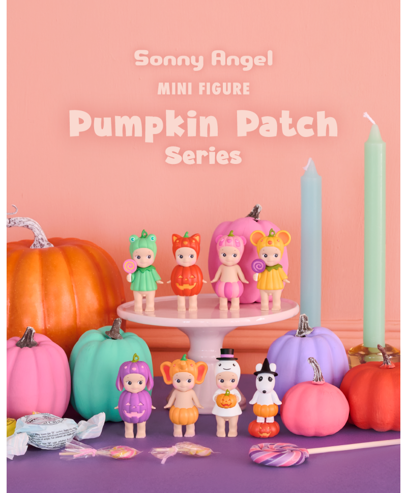 Sonny Angel mini figures in a Pumpkin Patch series display with colorful pumpkins on a pink background.
