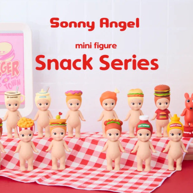Sonny Angel mini figures in snack-themed outfits on a checkered tablecloth with related products.