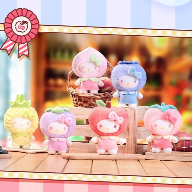 Colorful plush toys resembling characters with a basket and fruit-themed decorations on a wooden platform.