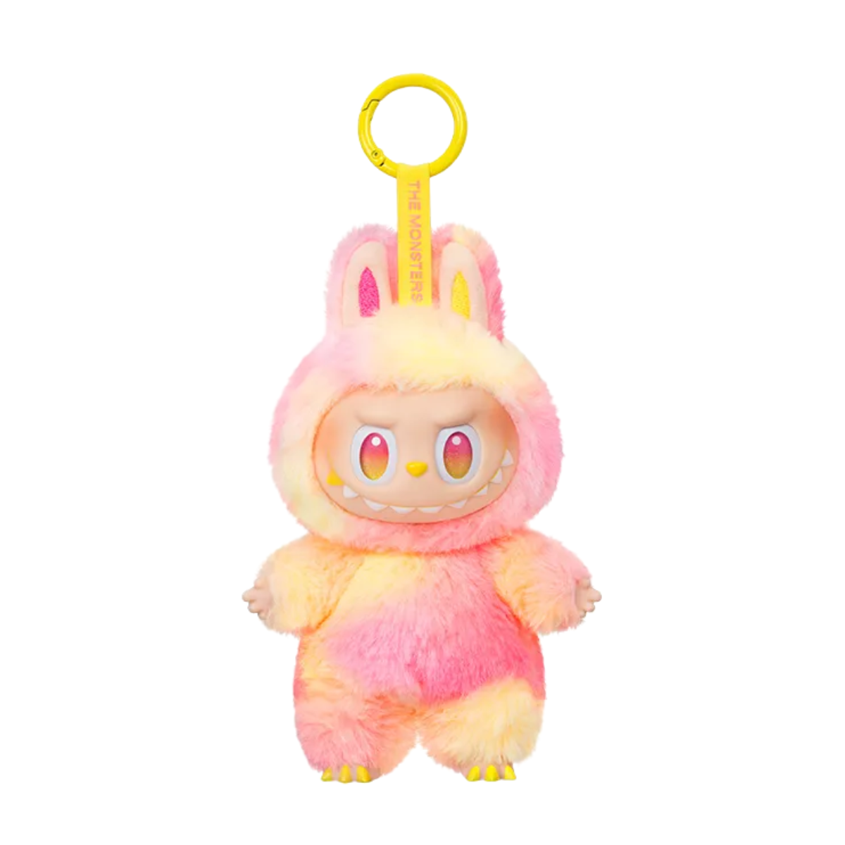 A plush keychain figure from Pop Mart’s “The Monsters” Labubu series. The character is wearing a fuzzy yellow and pink bunny suit with tall ears and a matching pink keychain strap labeled “THE MONSTERS.” It has striking red eyes and a mischievous toothy grin, giving it an energetic and bold appearance. The plush texture and bright color scheme make this figure both cute and fierce, perfect for collectors who enjoy vibrant and expressive designs.