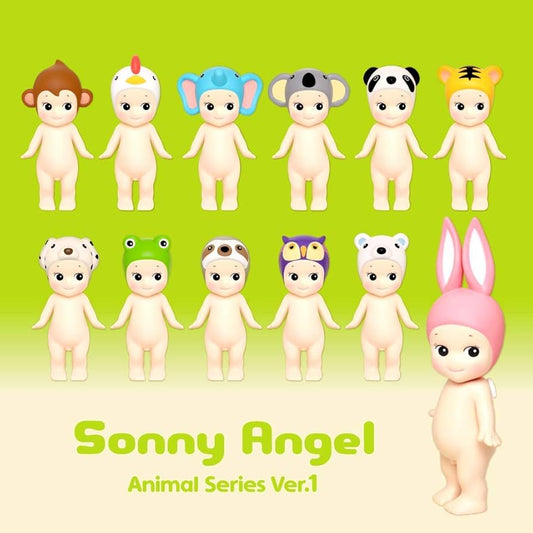 Top row (left to right): Monkey, Rooster, Elephant (blue hat with pink ears), Koala (gray), Panda (black and white), Tiger (yellow with black stripes).

Bottom row (left to right): Dalmatian, Frog (green), Sloth (grayish brown), Owl (purple and yellow), Polar Bear (white with blue ears), and Bunny (pink with long upright ears, larger and standing separately on the right side of the image).