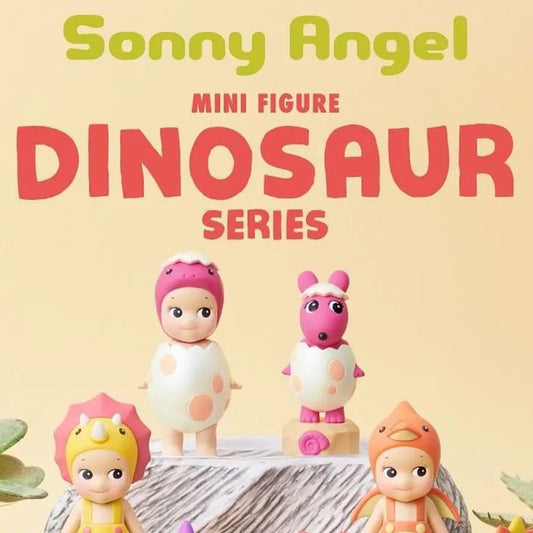 Sonny Angel mini figures in a dinosaur series on a light yellow background