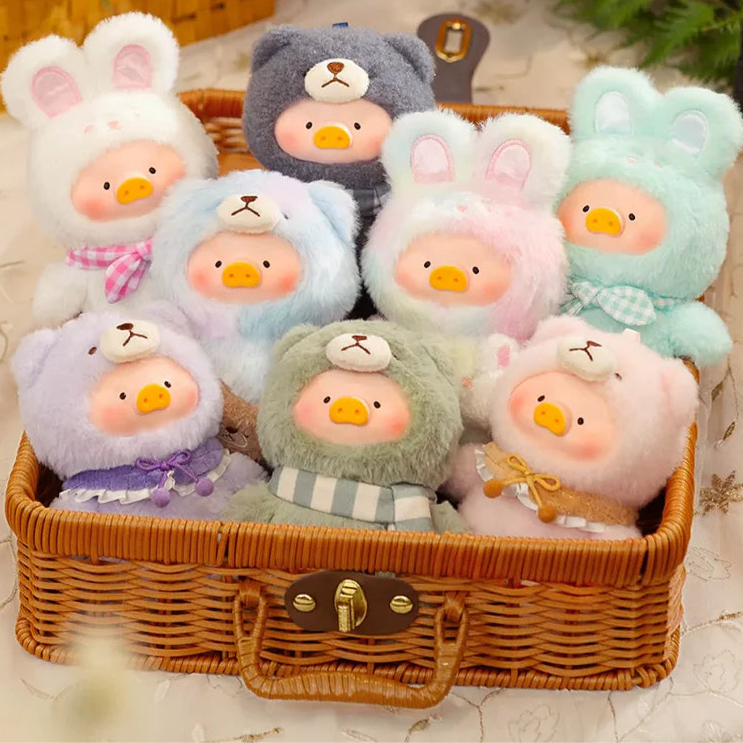Set of colorful piggy plush toys in a wicker basket.