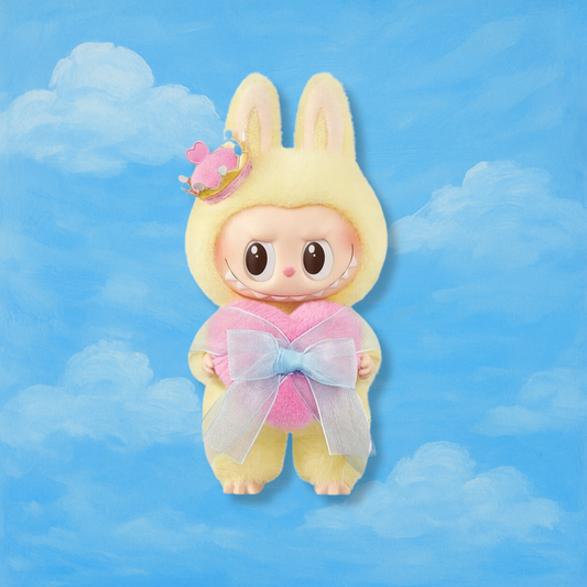 A cute collectible figure from the Pop Mart Labubu series, styled against a whimsical blue sky background with soft, painterly clouds. The character is dressed in a fuzzy yellow bunny costume with tall ears and is holding a plush pink heart wrapped in a sheer, pastel blue ribbon. It wears a tiny pink crown with heart accents on its head, adding a touch of royalty and charm to the figure’s adorable and dreamy appearance.