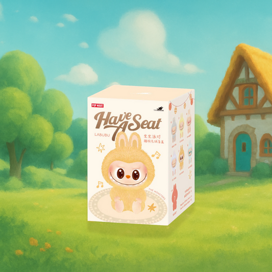A whimsical product display featuring a Pop Mart "Have A Seat" Labubu blind box placed in a dreamy, storybook-style landscape. The box showcases a cute, fluffy character with bunny ears sitting on a patterned mat, surrounded by music notes. In the background, there are softly painted green trees, a clear blue sky with fluffy clouds, and a charming cottage with a thatched roof and a bright blue door.