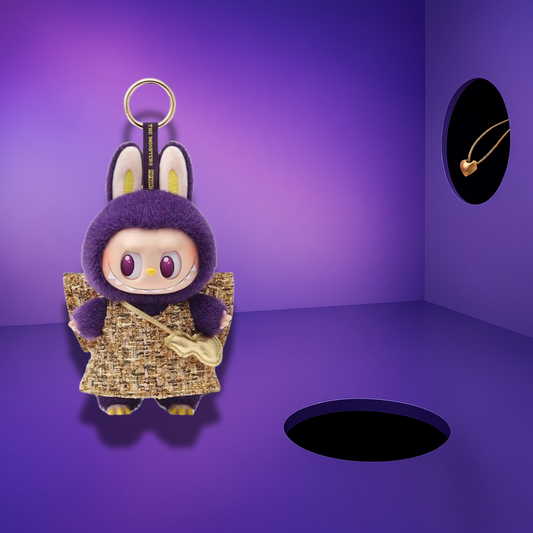 A stylish Pop Mart Labubu keychain from “The Monsters” series, set in a sleek purple display room. The figure wears a fluffy purple bunny suit, a gold-brown woven outfit, and a matching sling bag. It has bright purple eyes and a playful grin, with a golden heart pendant in the background adding a touch of elegance.