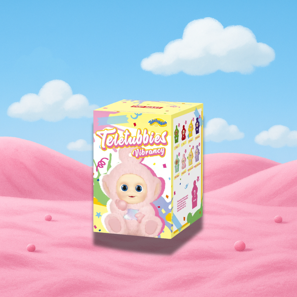 A playful product display of the Pop Mart “Teletubbies Vibrancy” blind box series. The packaging features a pastel pink Teletubby character on a colorful, confetti-themed background. The right side of the box showcases collectible options in various bright colors. Set against a dreamy pink sand landscape under a blue sky with fluffy clouds, the scene evokes a cheerful and nostalgic vibe, perfect for fans of cute and vibrant collectibles.
