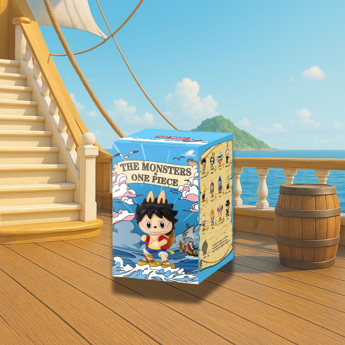 A vibrant product display featuring the Pop Mart “The Monsters × One Piece” blind box. The box showcases a Labubu figure dressed as Luffy from One Piece, standing against a backdrop of stylized waves and a ship. The side of the box displays collectible characters in the series. The background sets the scene aboard a wooden ship deck, with sails, a barrel, and an island visible across the ocean, creating an adventurous and nautical vibe perfect for fans of both franchises.