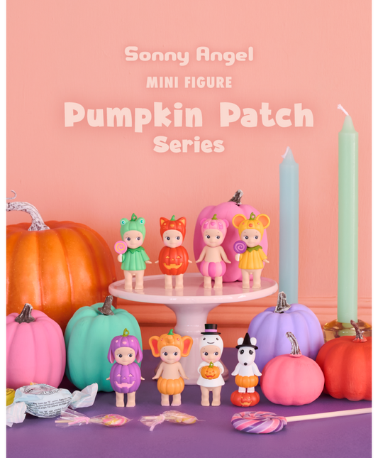 Sonny Angel mini figures in a Pumpkin Patch series display with colorful pumpkins on a pink background.